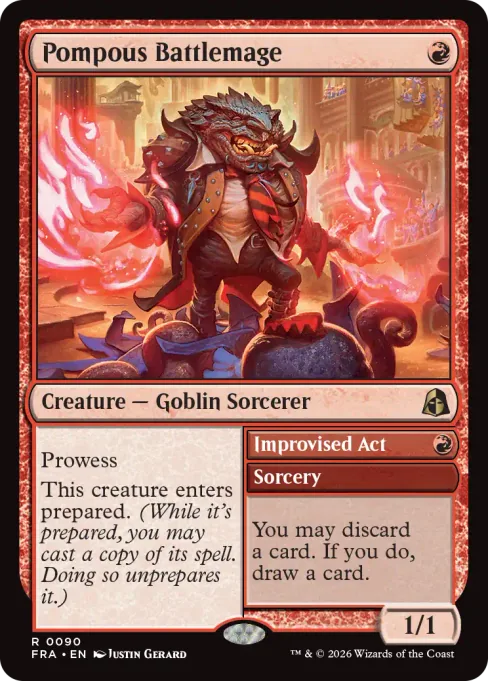 Magic-kortet Pompous Battlemage: en goblin-trollmann med røde flammer i hendene, med et ekstra formular i høyre del av tekstfeltet.