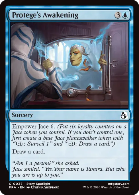Magic-kortet Protege’s Awakening: en hettekledd skikkelse ser inn i et speil der en annen skikkelse ser tilbake.