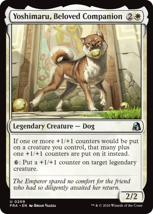 Magic-kortet Yoshimaru, Beloved Companion: en hund med en ball i munnen foran en lys bygning.